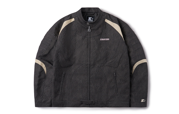 STARTER Retro Colorblock PU Jacket with Stand Collar Unisex - Black SA34WJ002U