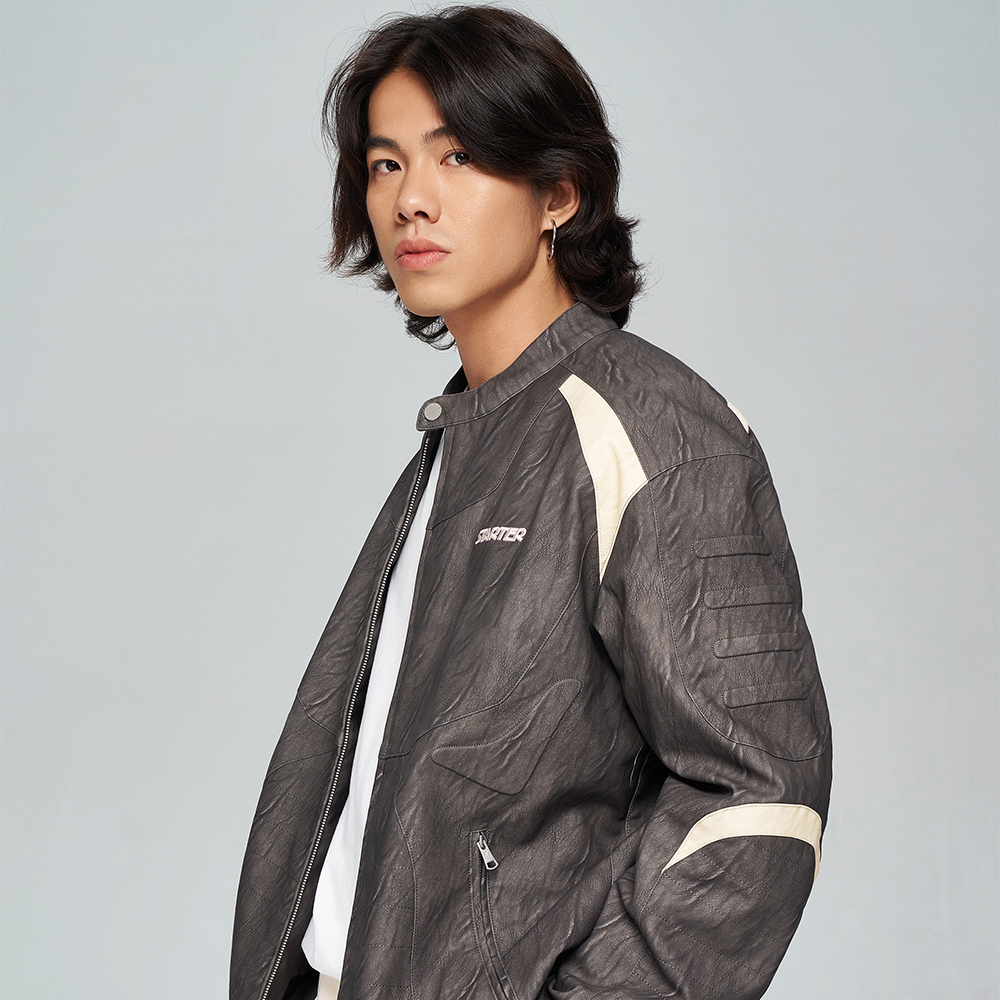 Shop STARTER 复古拼色PU立领夹克 男女同款 - 黑色 SA34WJ002U