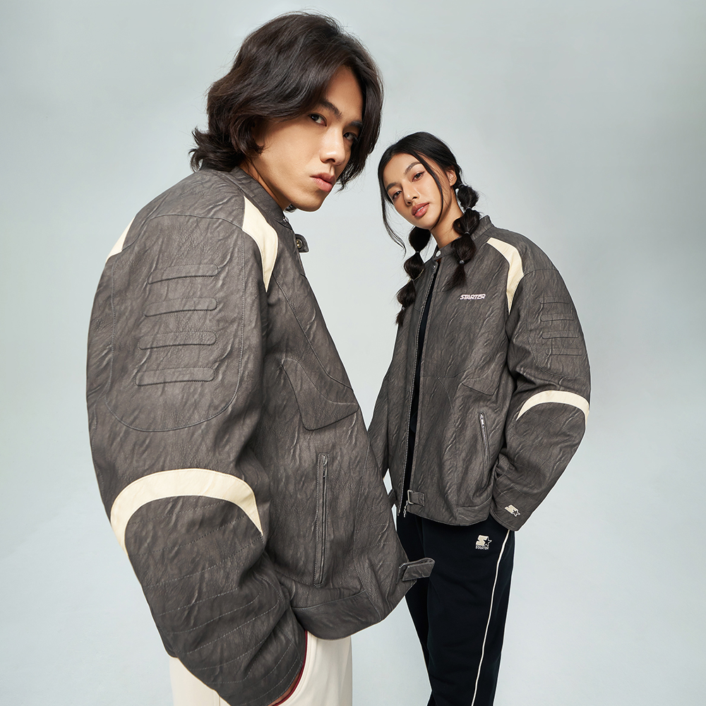 Details for STARTER 复古拼色PU立领夹克 男女同款 - 黑色 SA34WJ002U