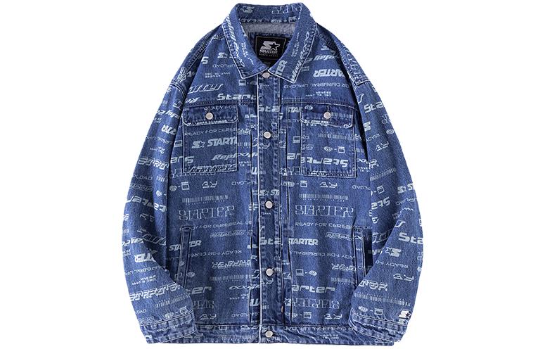 STARTER Retro Letter Print Loose Denim Jacket Unisex - Blue STG3C5907_TK