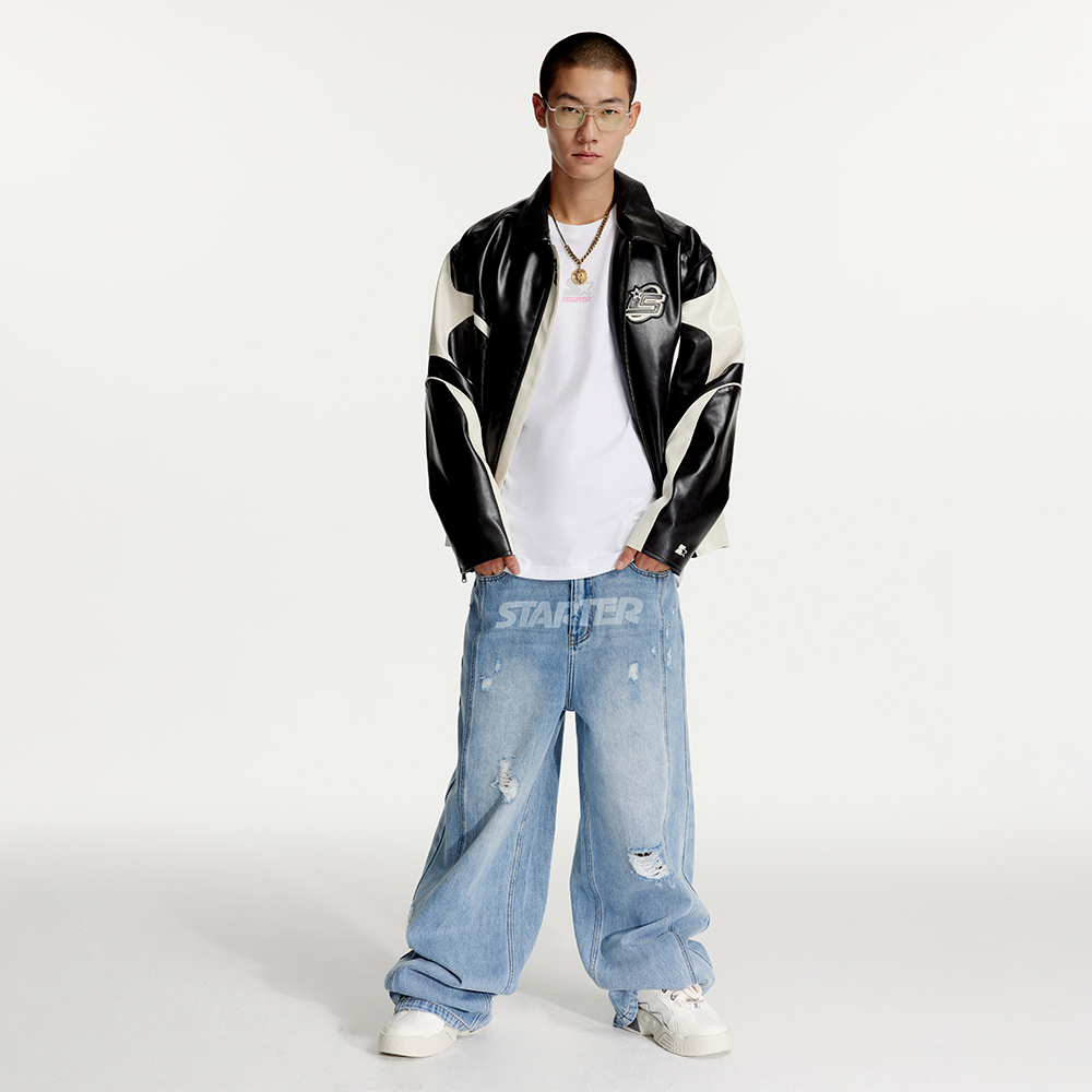 Purchase 스타터 레트로 오버사이즈 컬러블록 집업 레더 자켓 유니섹스 캐주얼 스타일 SA41WJ004U