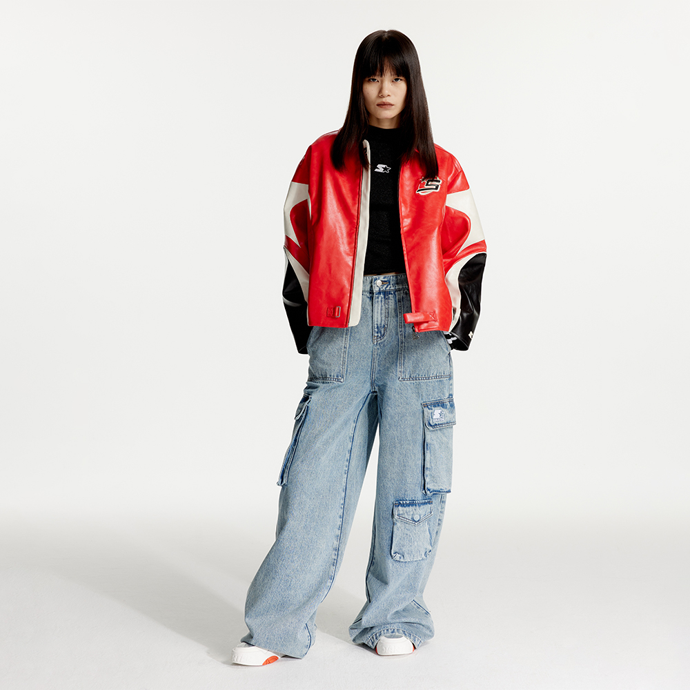 Cheap 스타터 레트로 오버사이즈 컬러블록 집업 레더 자켓 유니섹스 캐주얼 스타일 SA41WJ004U