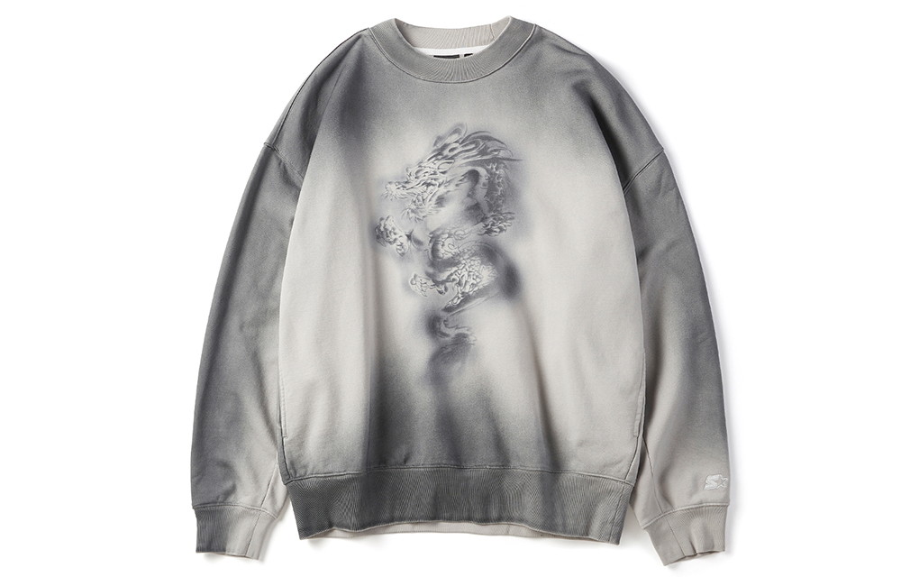 STARTER Retro Tie-Dye Dragon Print Crewneck Oversized Sweatshirt Unisex Grey SA41SW002U