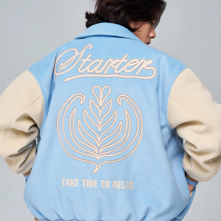 Shop STARTER 复古拼色字母印花羊毛夹克 男女同款 SA34BJ004U