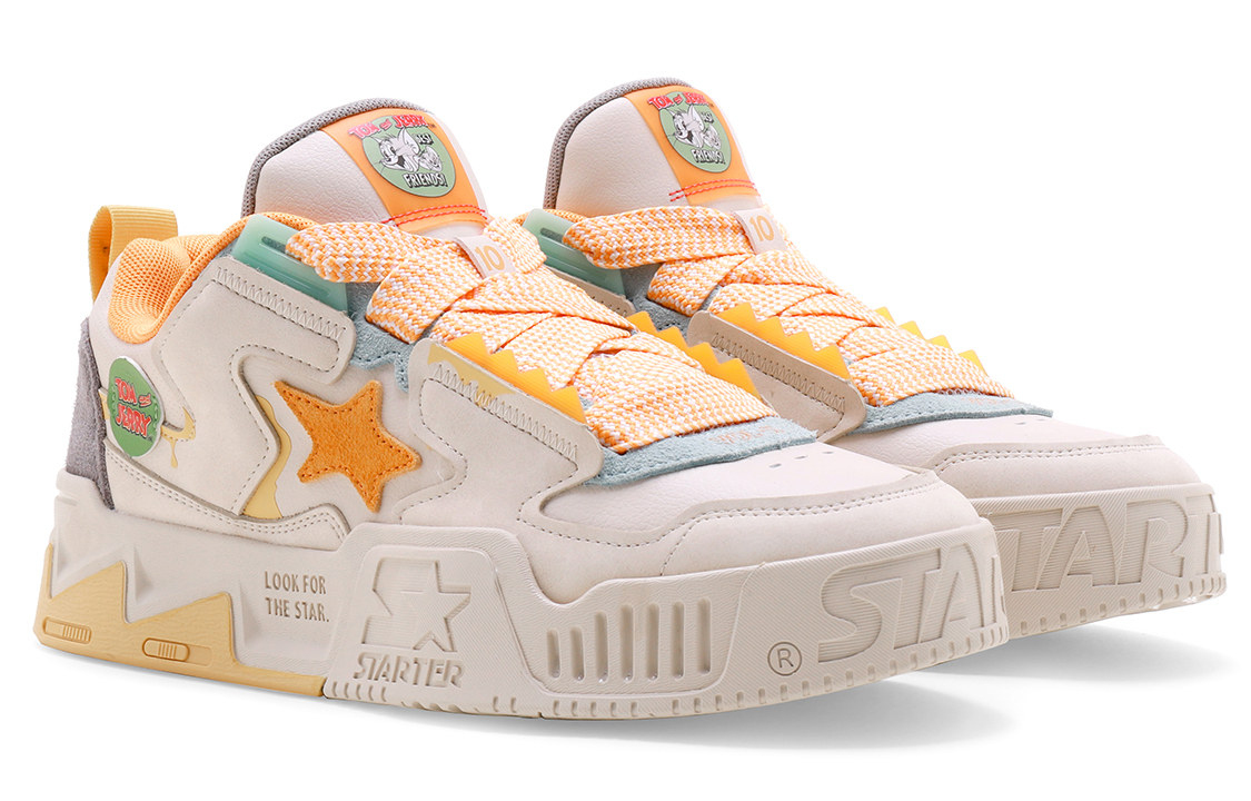 Shop TOM&JERRY x STARTER 音浪VOL系列 星星鞋 猫和老鼠聯名款 蜜瓜鞋 復古卡通撞色厚底 板鞋 男款 樺木白