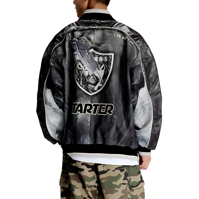 Shop STARTER 男女同款黑色棒球领宽松运动夹克 SA41BJ005U