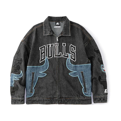 STARTER NBA Chicago Bulls Letter Geometry Embroidered Denim Jacket Unisex Grey. STH3C5997M