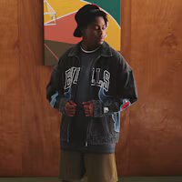 Details for STARTER x NBA Chicago Bulls Letter Geometry Embroidered Denim Jacket Unisex Grey. STH3C5997M