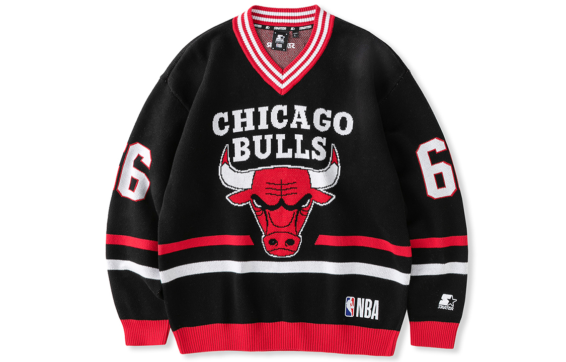 STARTER x NBA Chicago Bulls V-Neck Pullover Sweater Unisex Black STH4C4699M-BK01