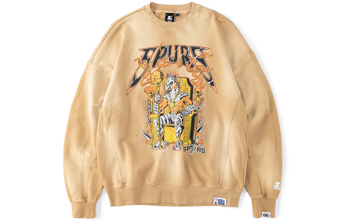 STARTER x NBA Spurs Cartoon Letter Crewneck Sweatshirt Unisex Khaki STH3C1222M