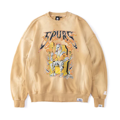 STARTER NBA Spurs Cartoon Letter Crewneck Sweatshirt Unisex Khaki STH3C1222M