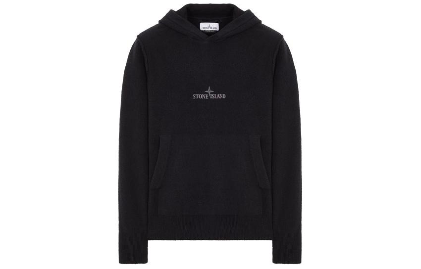 STONE ISLAND 513D2 Black Hooded Knit Logo Pullover Sweatshirt 8015513D2-V0029