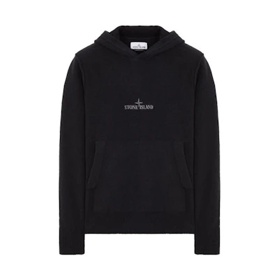 STONE ISLAND 513D2 Black Hooded Knit Logo Pullover Sweatshirt 8015513D2-V0029