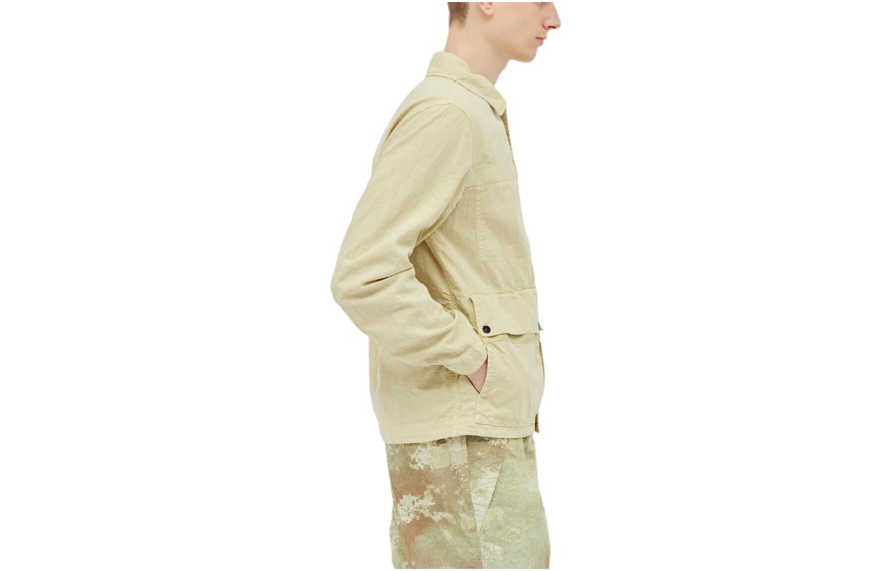 Shop Stone Island  Beige Button-Up Long Sleeve Shirt with Logo. 801542330-V0091