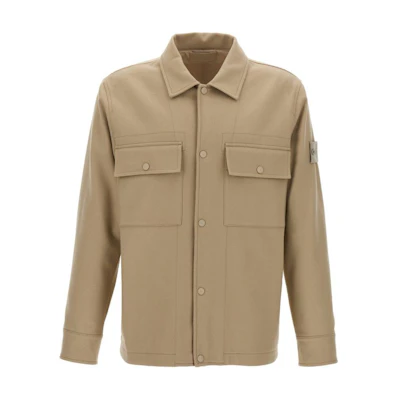 STONE ISLAND Beige Long Sleeve Button-Up Jacket with Turn-Down Collar 8115120F4-V0090