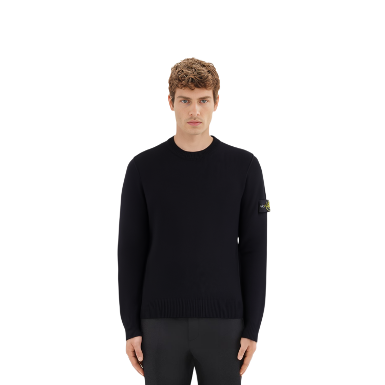 Shop STONE ISLAND 黑色純色長袖圓領毛衣 7915508A3-A0029