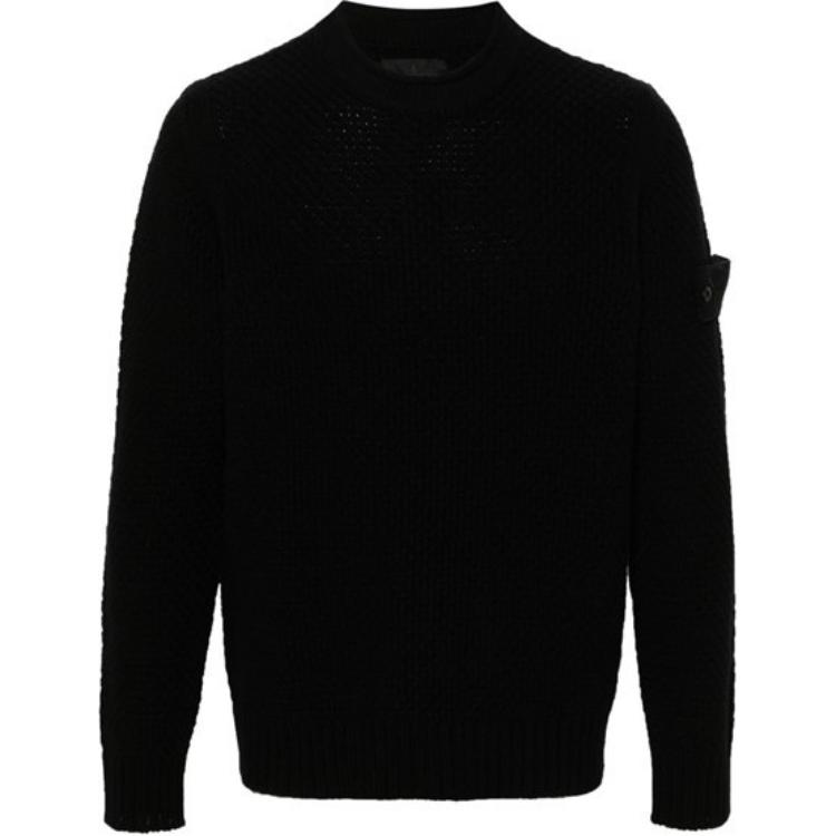 STONE ISLAND  Black Crewneck Pullover Sweater with Logo Patch. 8115515FA-V0029