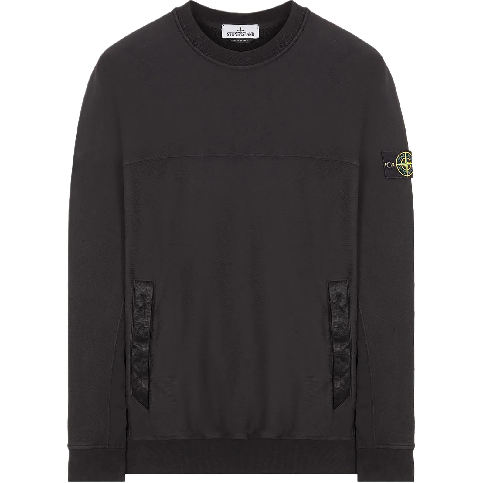 STONE ISLAND  Black Crewneck Sweatshirt with Logo Patch and Side Pockets 801560154-V0029