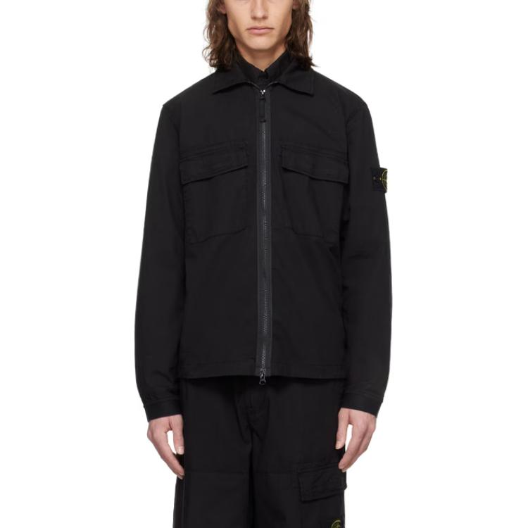 Lookbook Stone Island  Black Long Sleeve Zip Shirt with Badge Patch. 801512011-V0029