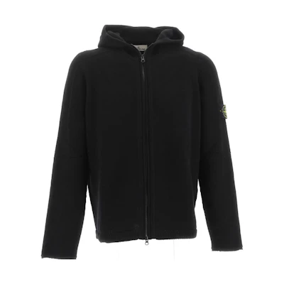 STONE ISLAND Black Solid Color Knit Hoodie with Zipper. 7915509A3-V0029