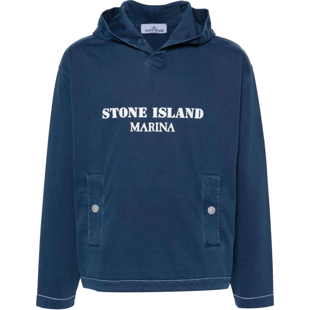 STONE ISLAND  Blue Pullover Hoodie with Logo Lettering Loose Fit 8015615X2-V0127