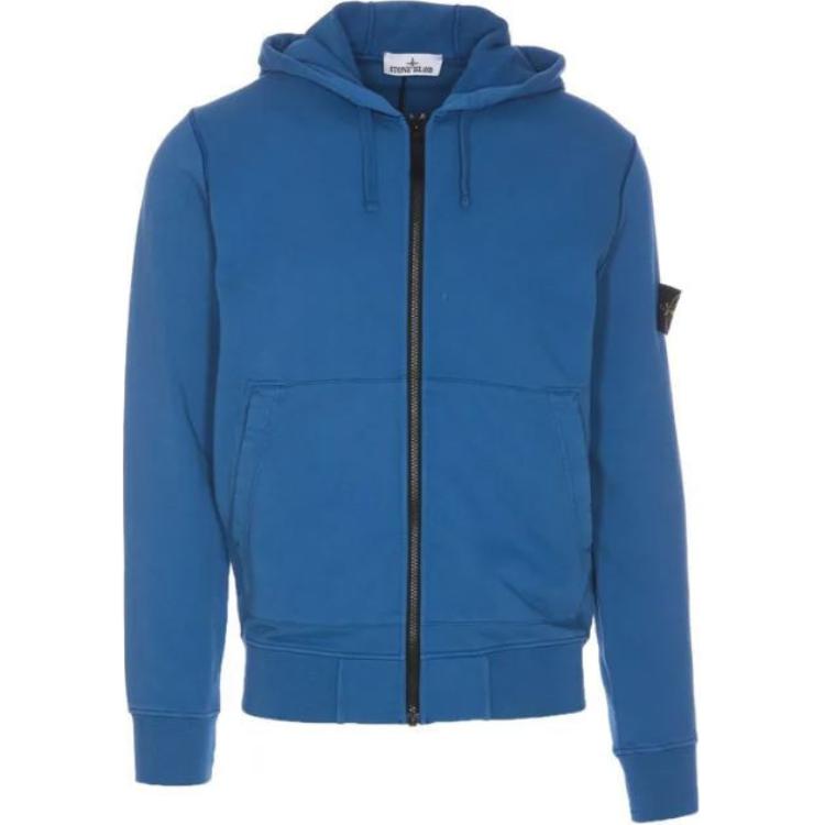 STONE ISLAND  Blue Solid Color Zip-Up Hoodie with Hood. 811564251-V0024