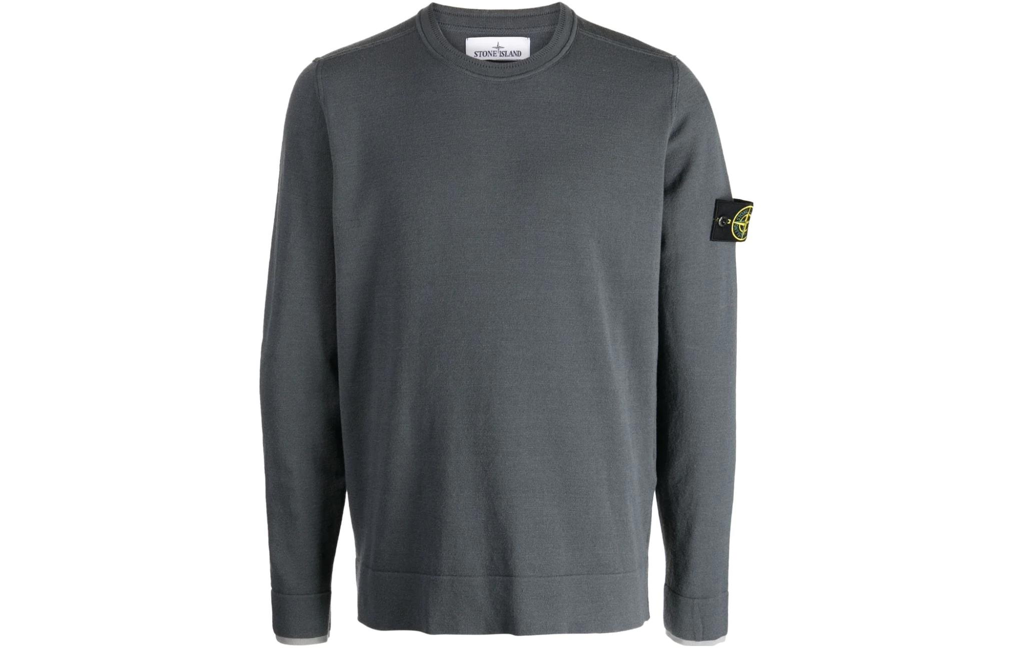STONE ISLAND  Gray Solid Color Crewneck Long Sleeve Sweater 7915526A1-V0062