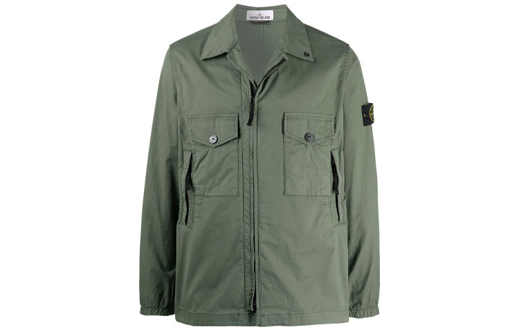 STONE ISLAND  Green Solid Zip Pocket Collared Jacket 751510610-V0055