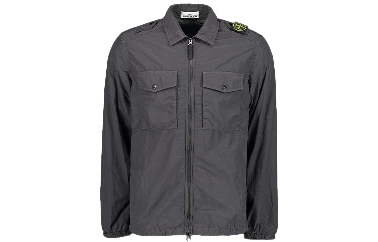Stone Island  Grey Black Zip Jacket with Shoulder Badge and Shirt Collar. 731511303-V0065