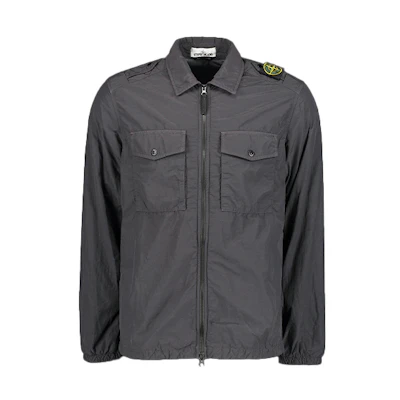 Stone Island Grey Black Zip Jacket with Shoulder Badge and Shirt Collar. 731511303-V0065