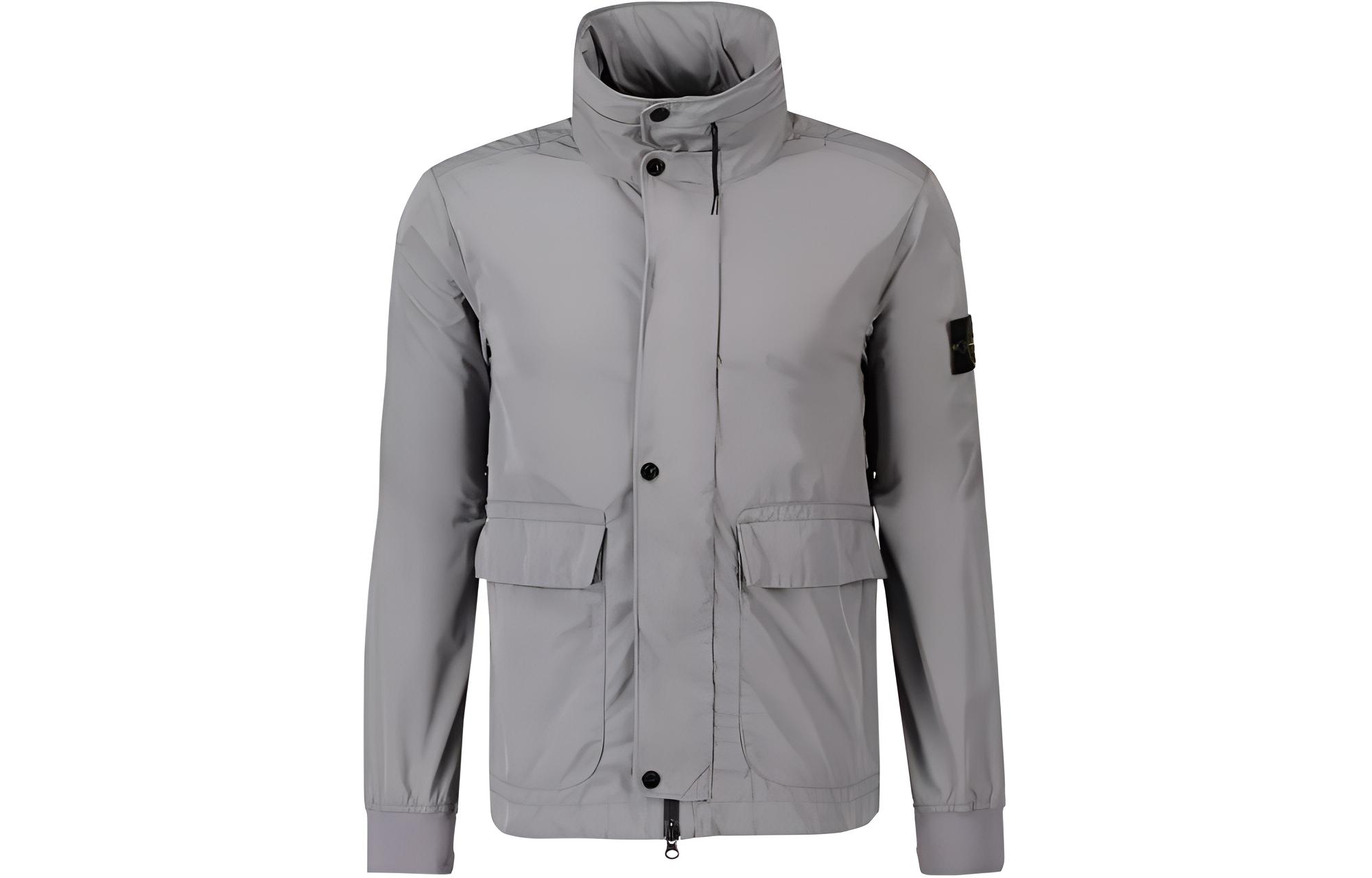 STONE ISLAND  Grey Solid Zip-Up Stand Collar Jacket 801541626-V0092