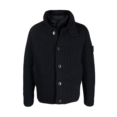 Stone Island Layered Knit Logo Zip-Up Hoodie Jacket - Blue 7515533A9-V0020
