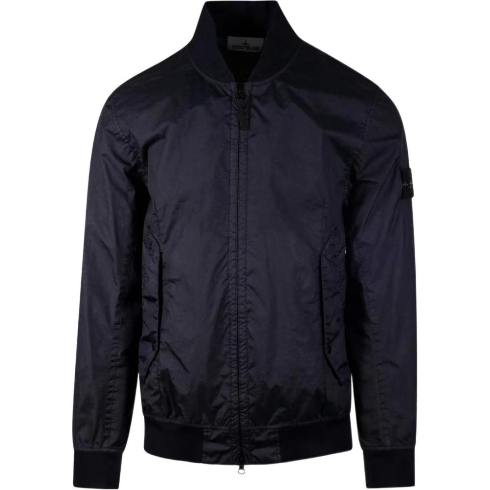 STONE ISLAND  Navy Blue Zip-Up Baseball Collar Jacket with Logo Patch. 801541223-V0020