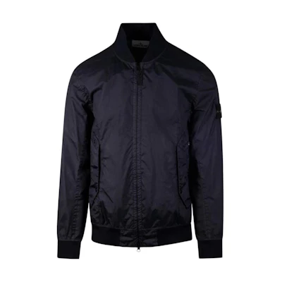 STONE ISLAND Navy Blue Zip-Up Baseball Collar Jacket with Logo Patch. 801541223-V0020
