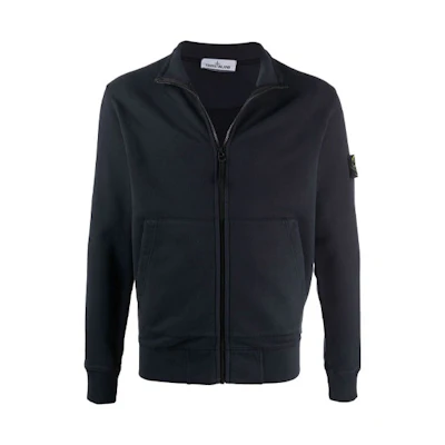 STONE ISLAND Navy Zip-Up Jacket with Logo Patch and Stand Collar. 751566120-V0020