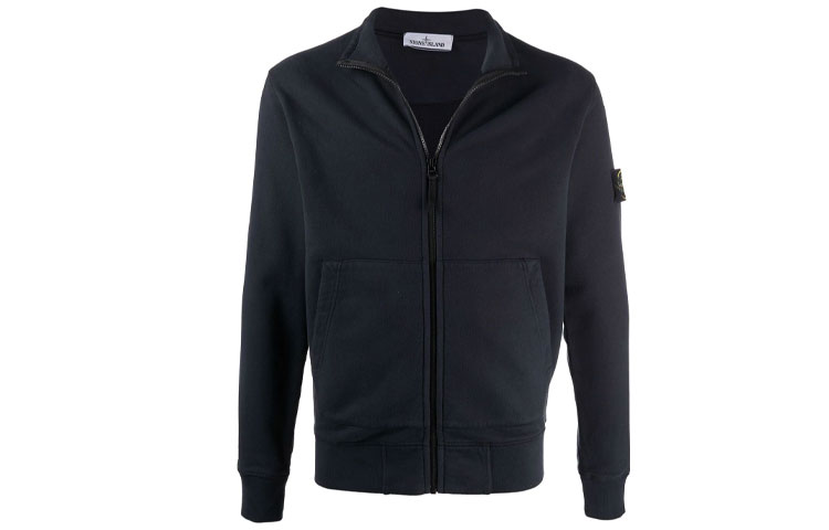 Order STONE ISLAND  Navy Zip-Up Jacket with Logo Patch and Stand Collar. 751566120-V0020