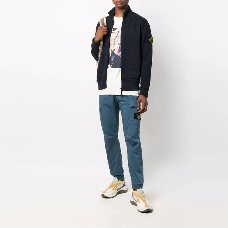 Shop STONE ISLAND  Navy Zip-Up Jacket with Logo Patch and Stand Collar. 751566120-V0020