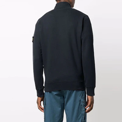 STONE ISLAND Navy Zip-Up Jacket with Logo Patch and Stand Collar. 751566120-V0020 Details for STONE ISLAND Navy Zip-Up Jacket with Logo Patch and Stand Collar. 751566120-V0020