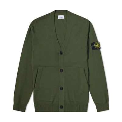 STONE ISLAND Olive Green Solid V-Neck Button-Up Knit Sweater 7715511c4-v0058