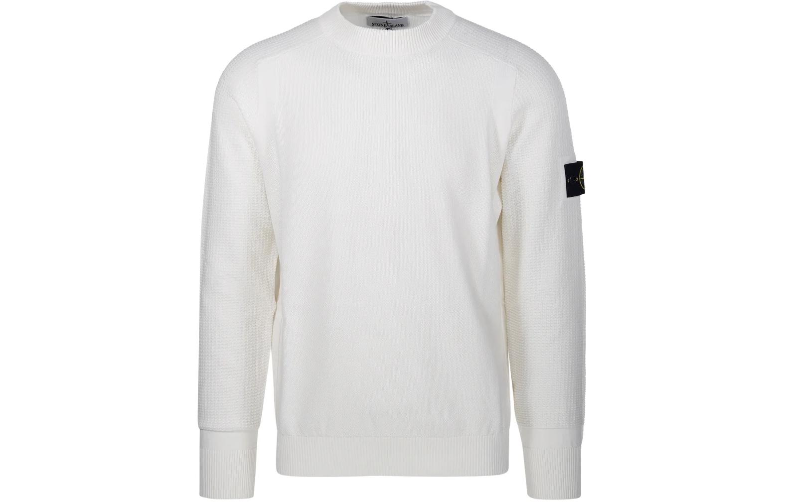 STONE ISLAND  White Crewneck Pullover Sweater with Logo Design. 8015536B4-V0001