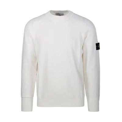 STONE ISLAND White Crewneck Pullover Sweater with Logo Design. 8015536B4-V0001