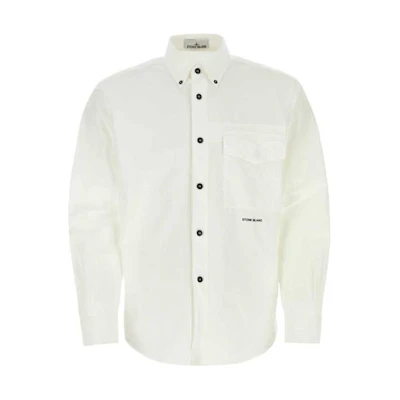 Stone Island White Long-Sleeve Shirt with Button-Up and Letter Print Design 801511701-V0001
