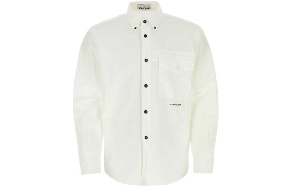 Order Stone Island 白色長袖襯衫 配按鈕與字母印花設計 801511701-V0001