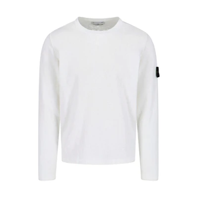 STONE ISLAND White Loose Crewneck Badge Long Sleeve Knit Shirt. 8015502B0-V0001