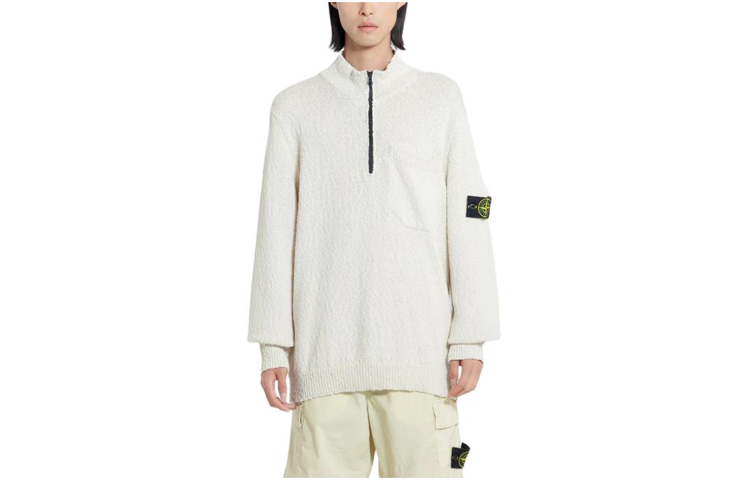Order STONE ISLAND  White Solid Half-Zip High Neck Sweater Long Sleeve 8015563B1-V0091