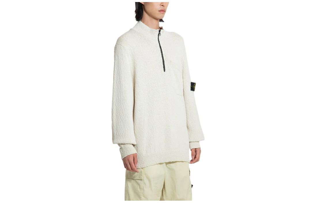 Shop STONE ISLAND  White Solid Half-Zip High Neck Sweater Long Sleeve 8015563B1-V0091
