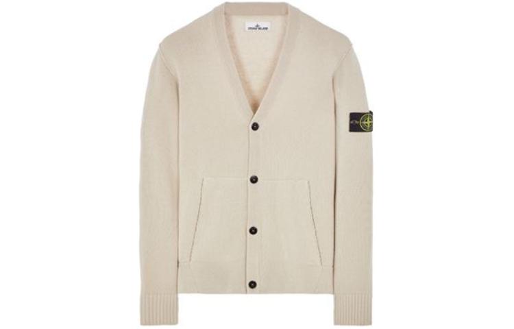 Stone Island Beige V-Neck Button-Up Sweatshirt with Shoulder Patch for Men 7915545B6-V0097