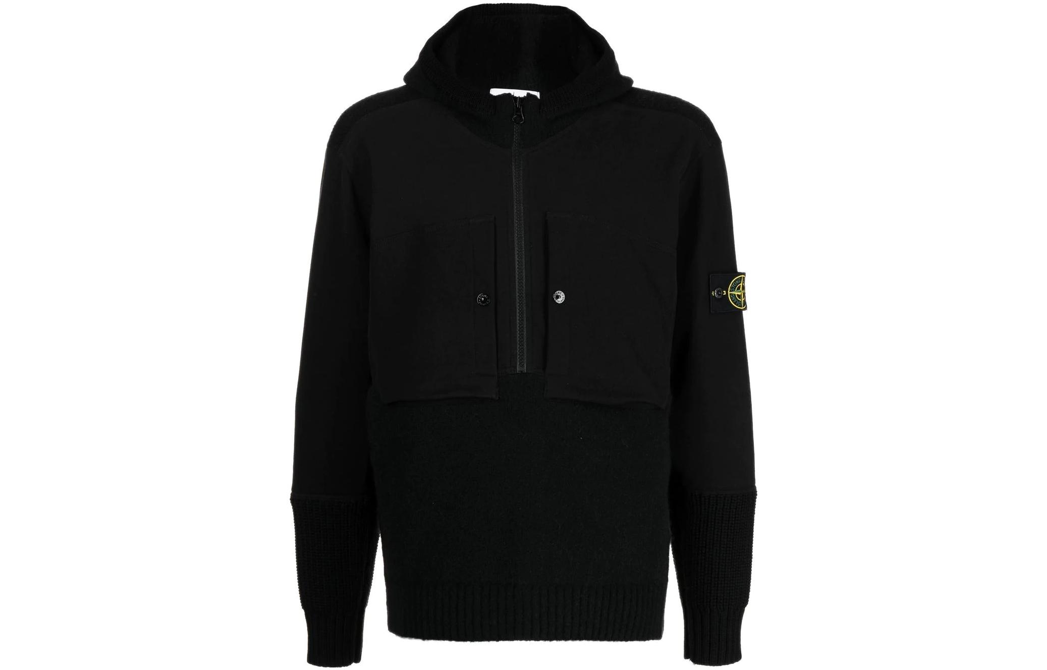 Stone Island Black Half-Zip Knit Panel Hoodie 7515571B9-V0029