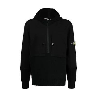 Stone Island Black Half-Zip Knit Panel Hoodie 7515571B9-V0029