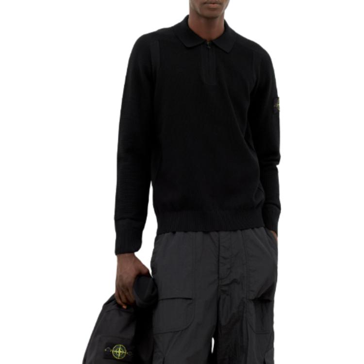 STONE ISLAND Black Logo Patch Long Sleeve Knit Sweater for Men. 8115558A4-V0029